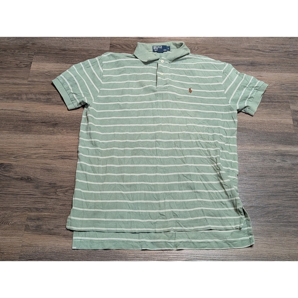 Polo Ralph Lauren Mens Large Sage Green Striped Short Sleeve Polo Shirt Preppy